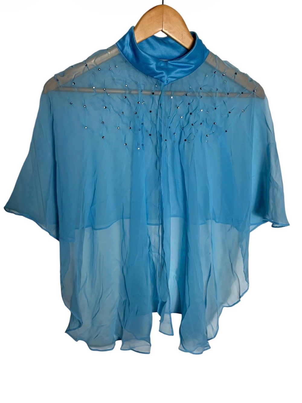 Vintage blue sheer chiffon capelet cape with rhinestones one size